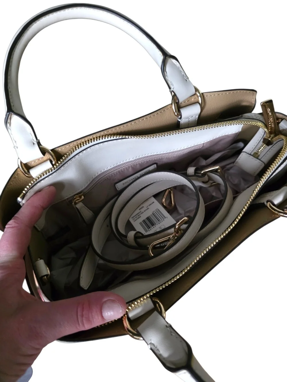 NWT Michael Kors Reed Large Belted Satchel Light Cream Leather + Dust Bag